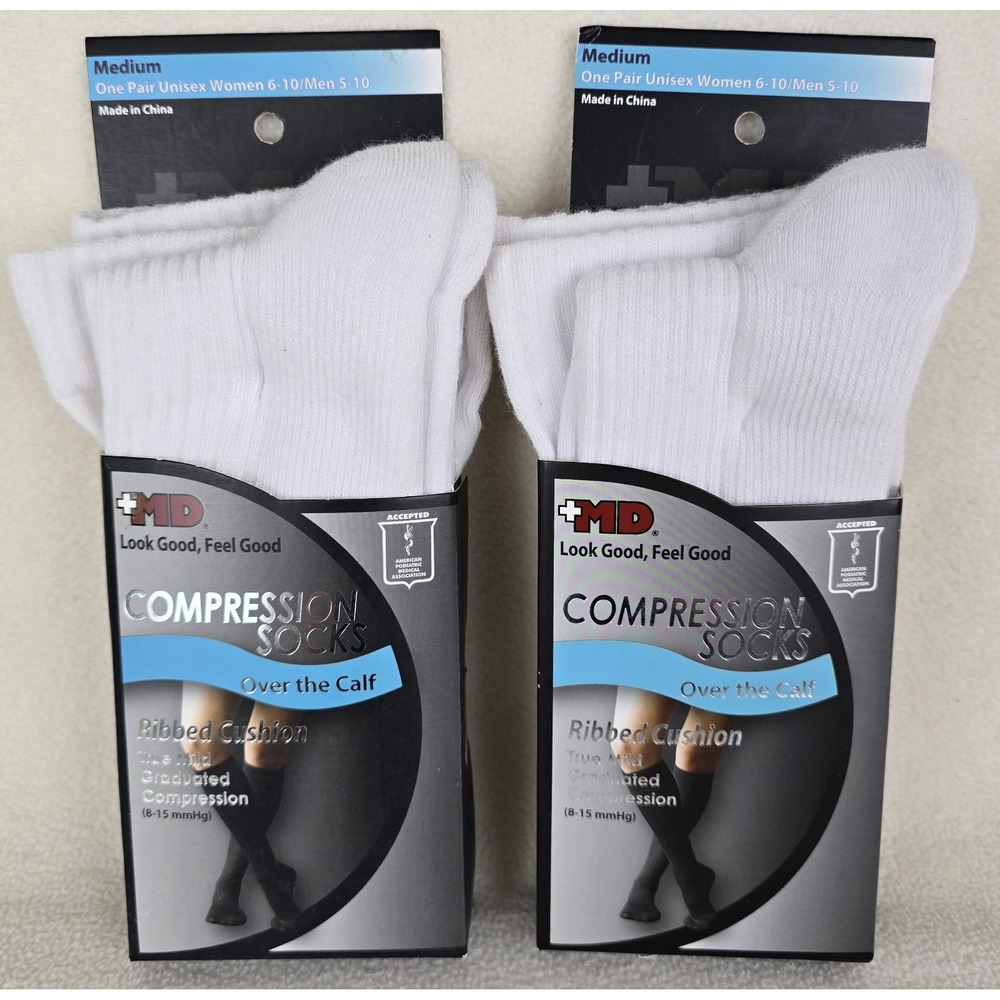 MD Compression Socks White Medium Ribbed Cushion Over‎ the Calf 2 Pair Swelling